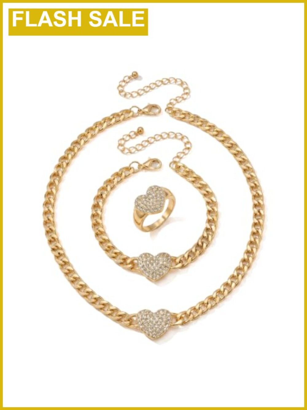 Gold Cuban Link Heart Jewelry Set for Women Necklace Bracelet Ring